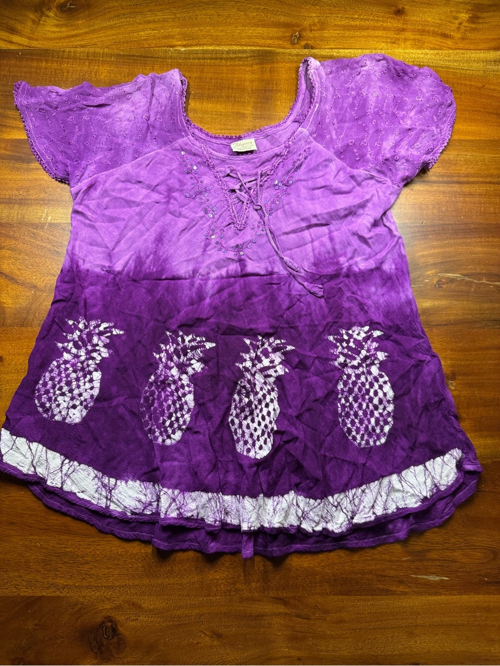 Advance Apparels Top Purple Tie Dye Ombre Pineapple Boho Sequin Blouse One Size